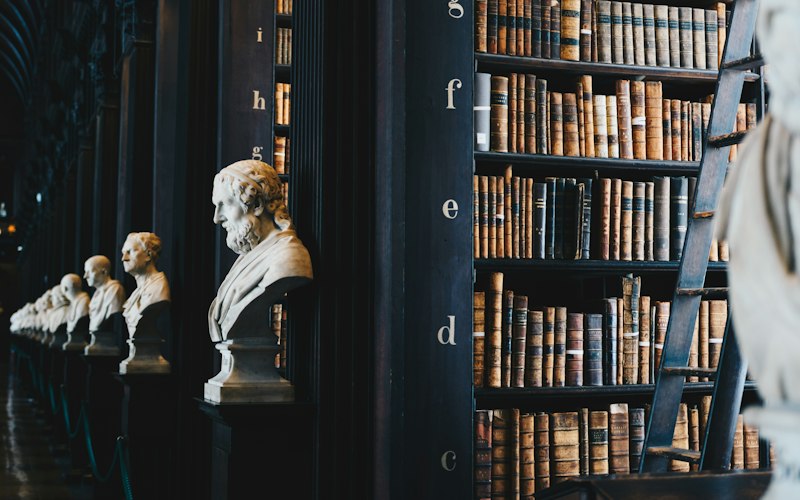 Law library with floor-to-ceiling bookshelves and marble busts